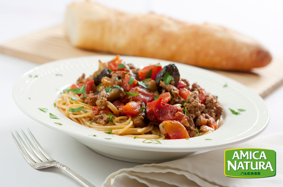 SPAGHETTI CON MELANZANE E MACINATO BIO